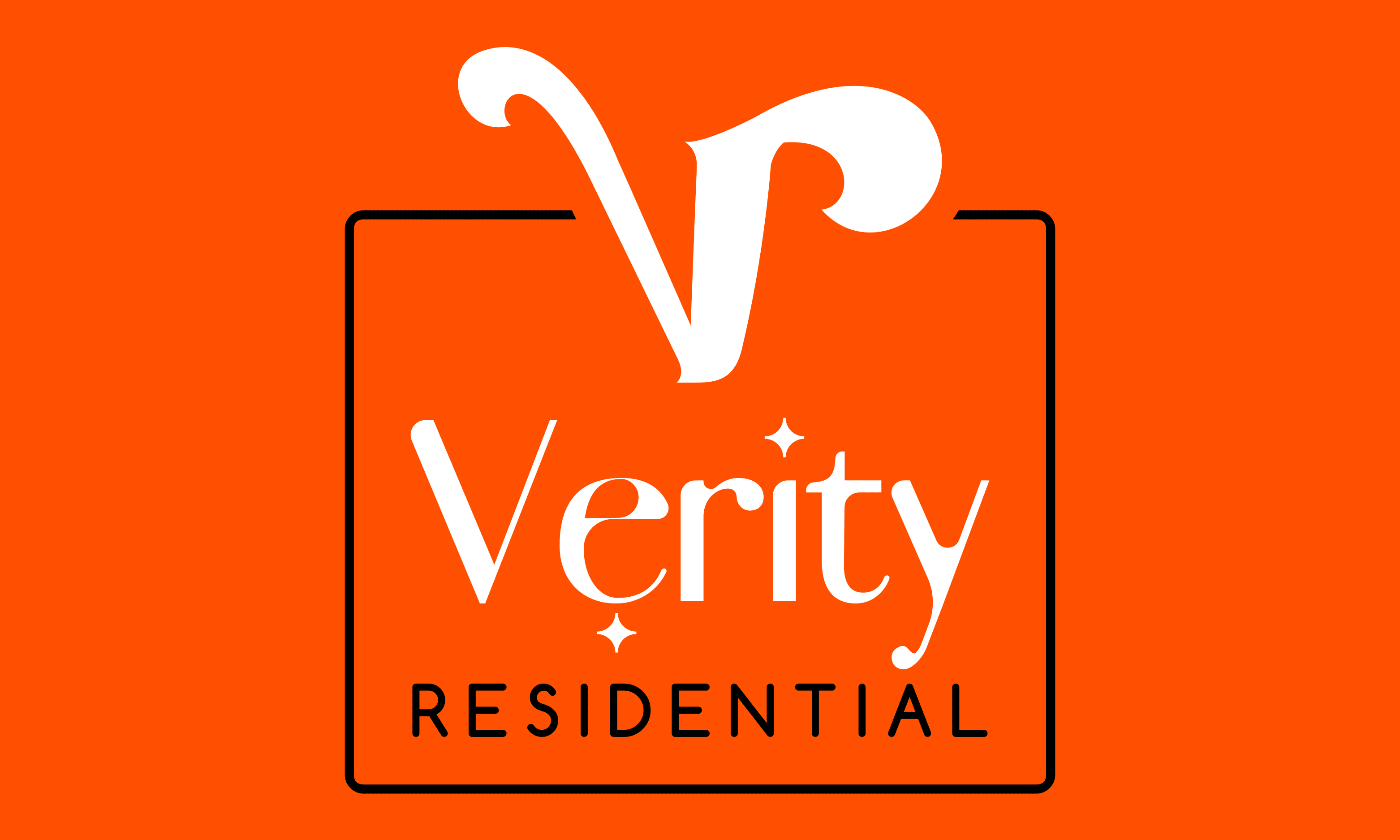 Verity Residential logo on orange background.